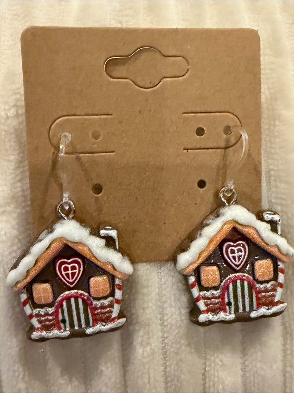 Hand Crafted Brown & White Gingerbread House Dangle Earrings